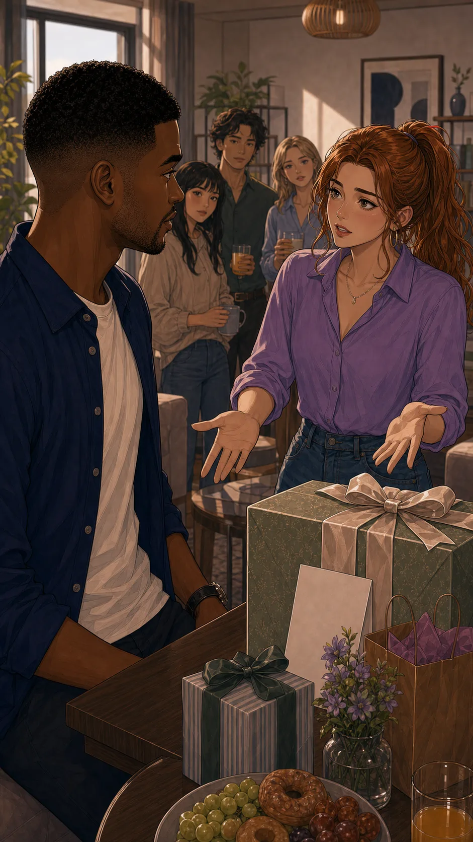 Lexi explains her group gift logic near the large present.