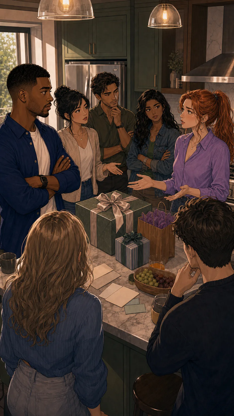 Friends debate around a kitchen island with gifts.