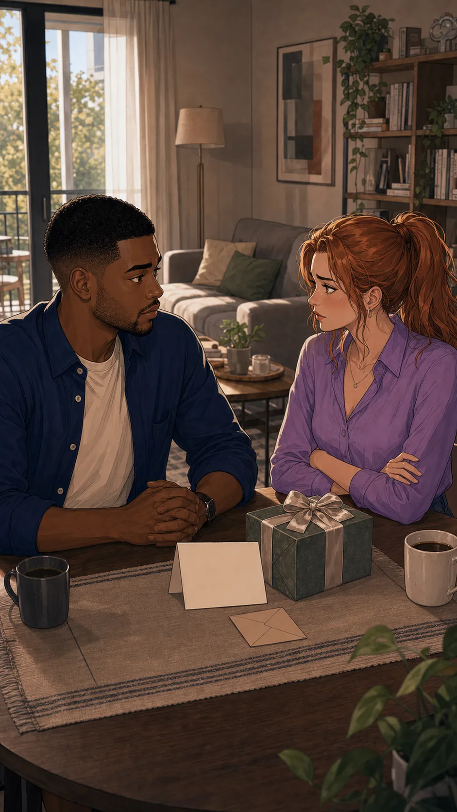 Devon and Lexi sit across from each other with gifts between them.