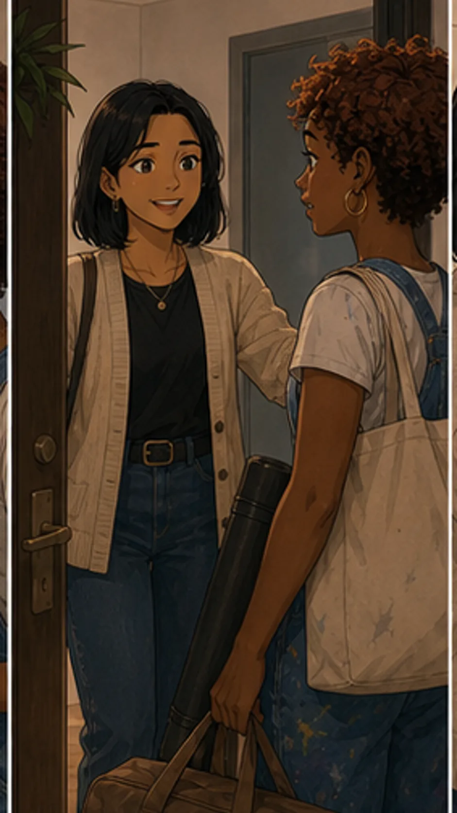 Avery welcomes Lila into a cozy generic apartment with an overnight tote and plain art tube.