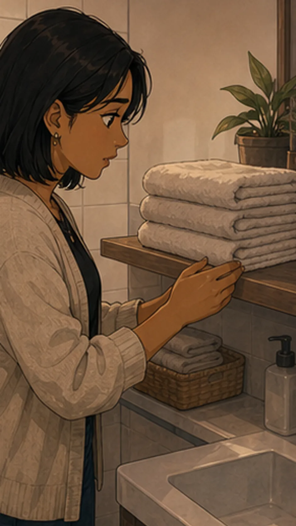 Avery folds pale guest towels on a shelf in a generic bathroom.