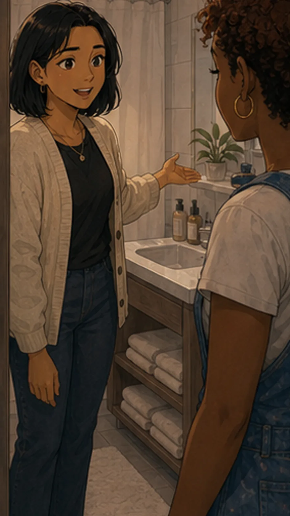 Avery gestures toward bathroom supplies while Lila smiles in a generic bathroom doorway.