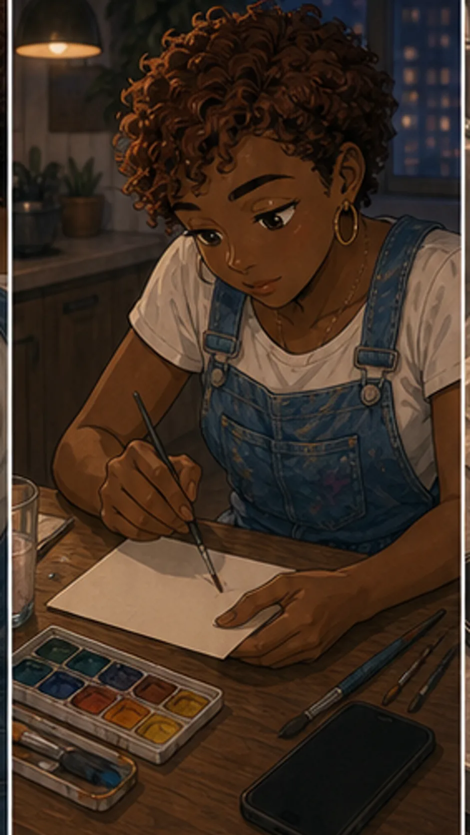 Lila paints a blank thank-you card at a generic kitchen table late at night.