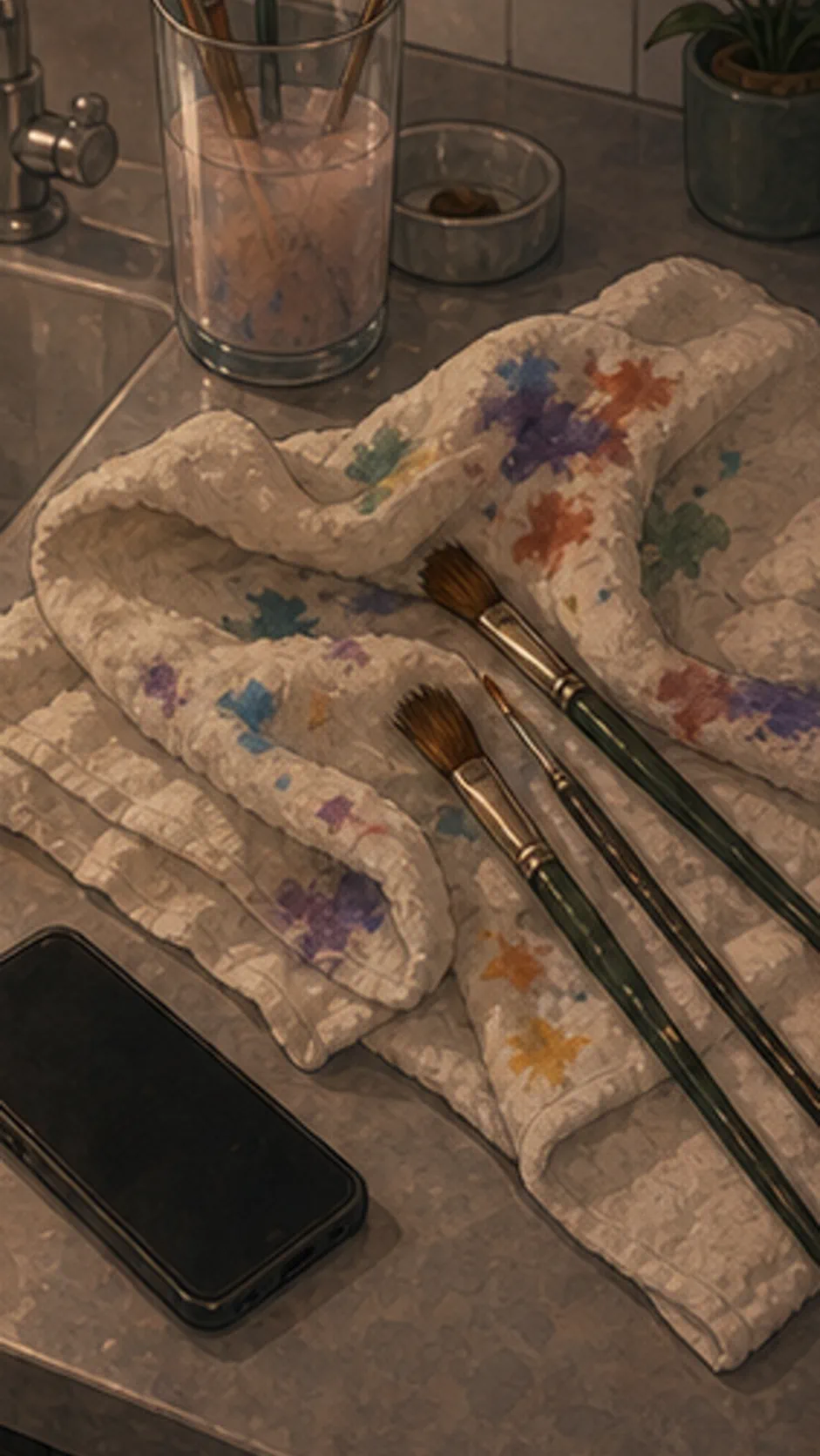 Pale towels with colorful paint stains sit beside brushes, cloudy rinse water, and a face-down phone.