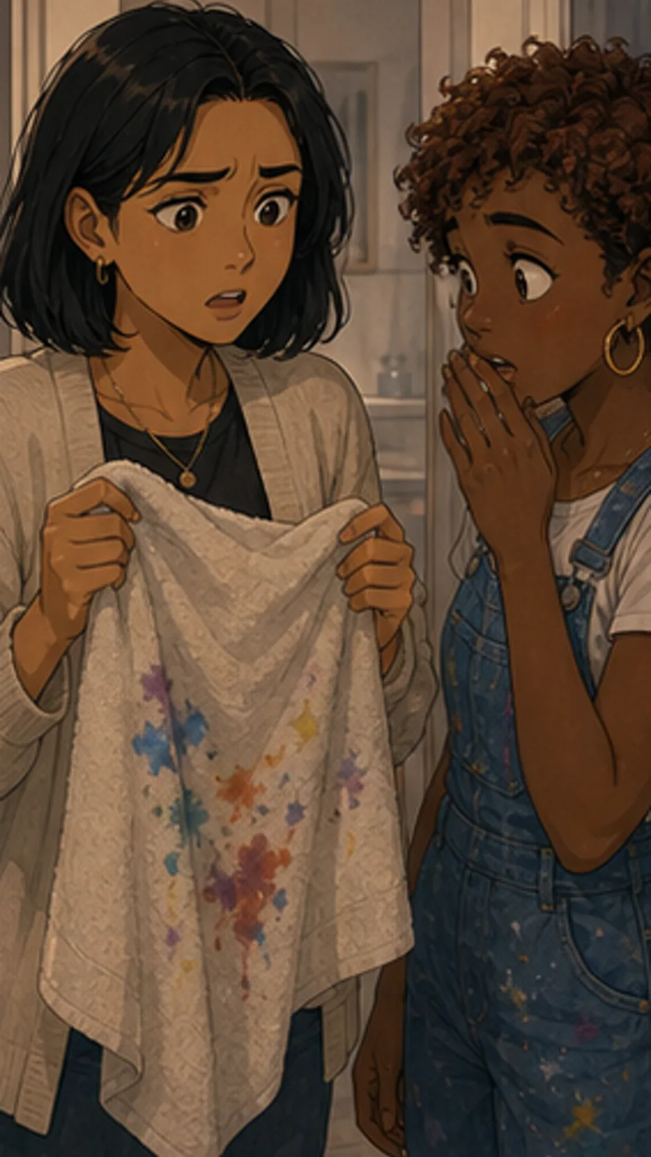 Avery holds a stained pale towel while Lila reacts with surprise and regret in a bathroom doorway.
