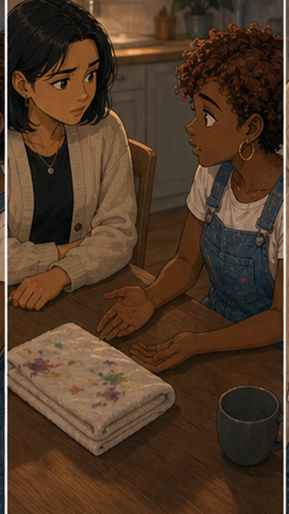 Avery and Lila sit at a kitchen table with a stained towel folded between them.