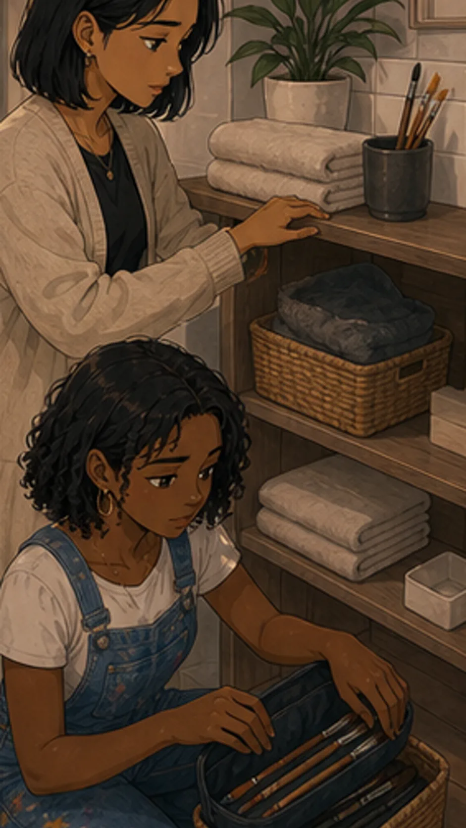 Avery organizes a small guest shelf while Lila packs paint brushes into a plain pouch.