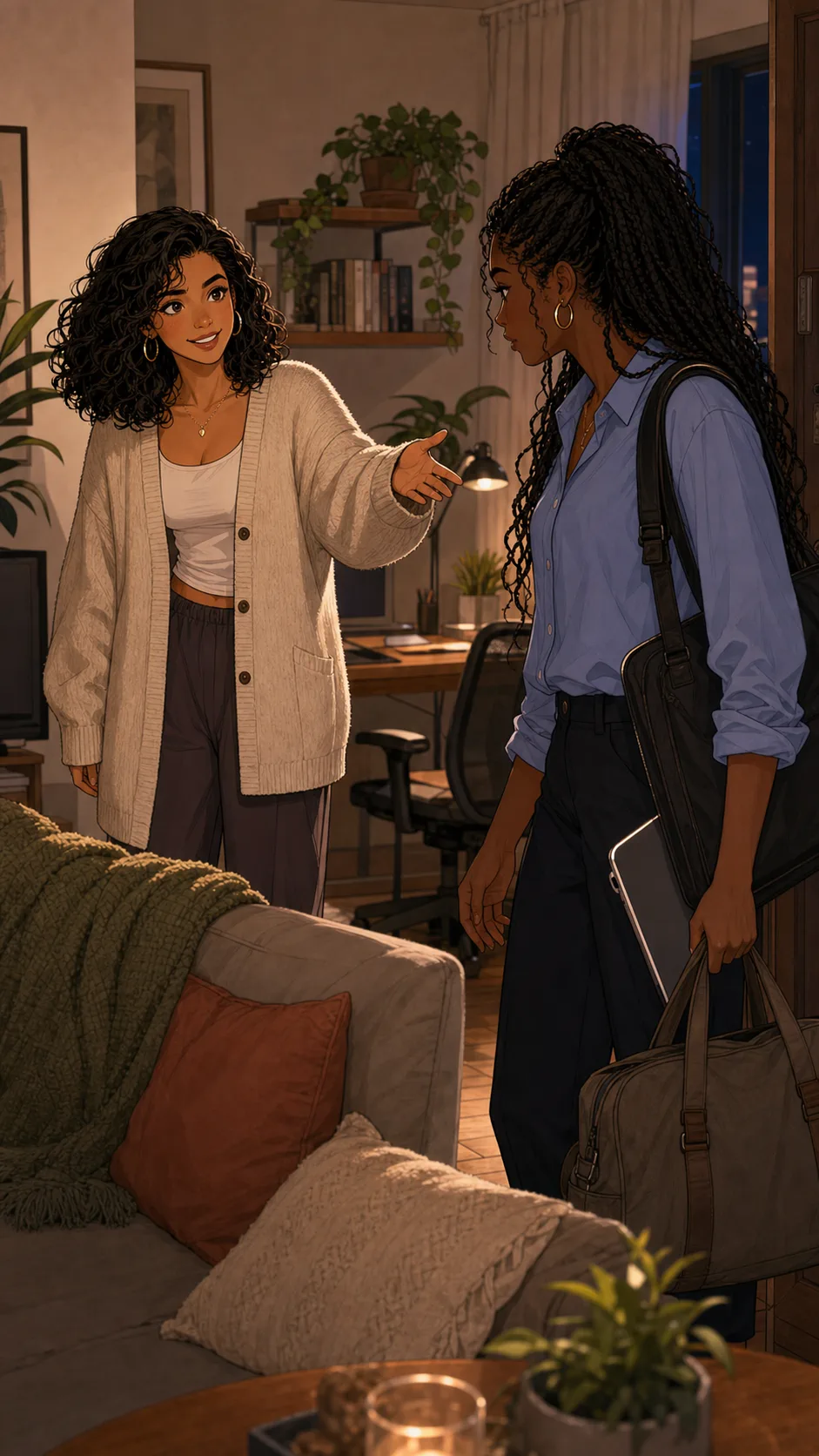 Noelle welcomes Rina into a small apartment with the couch made up.