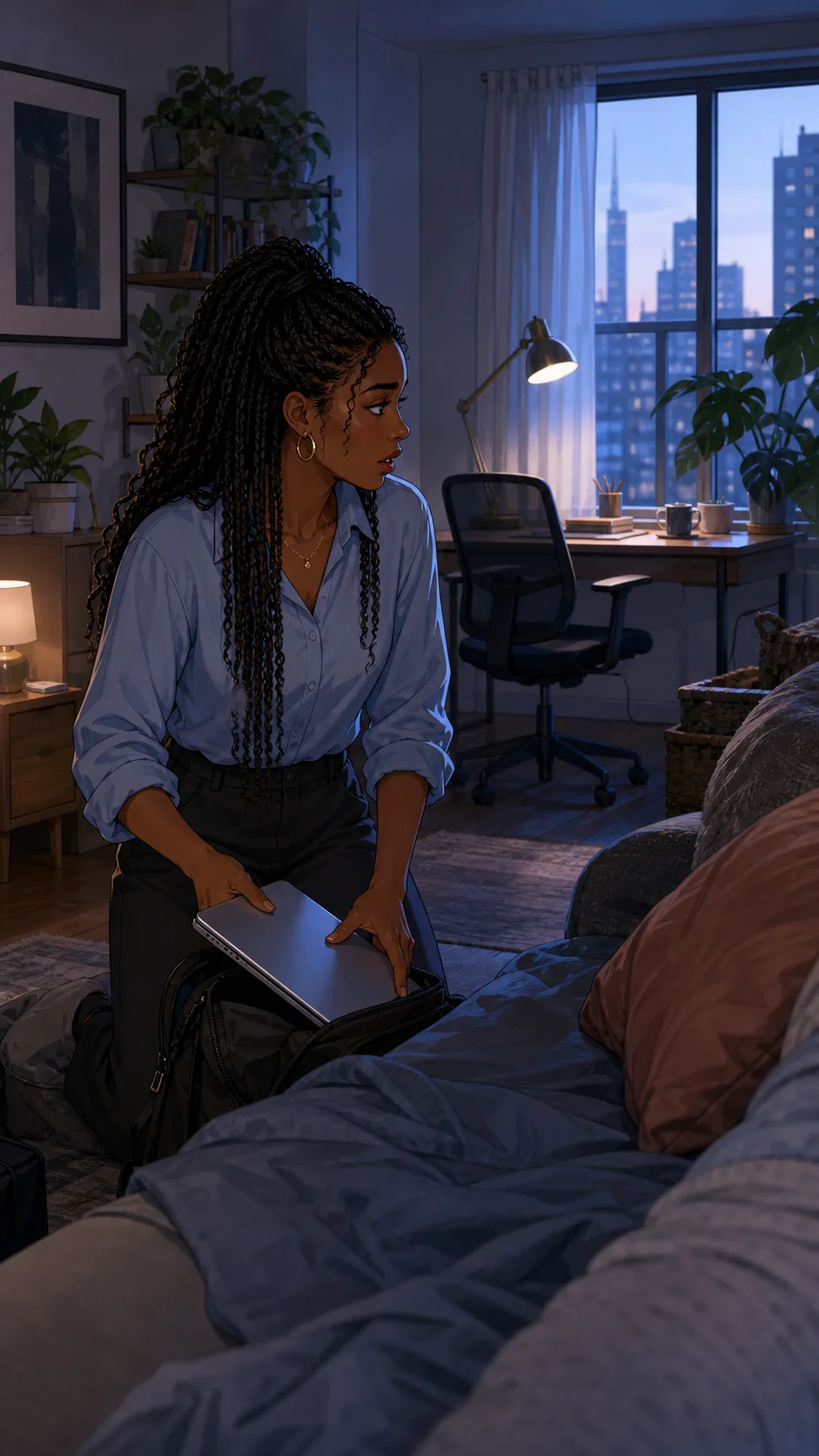 Rina looks at the desk early in the morning with her laptop bag open.