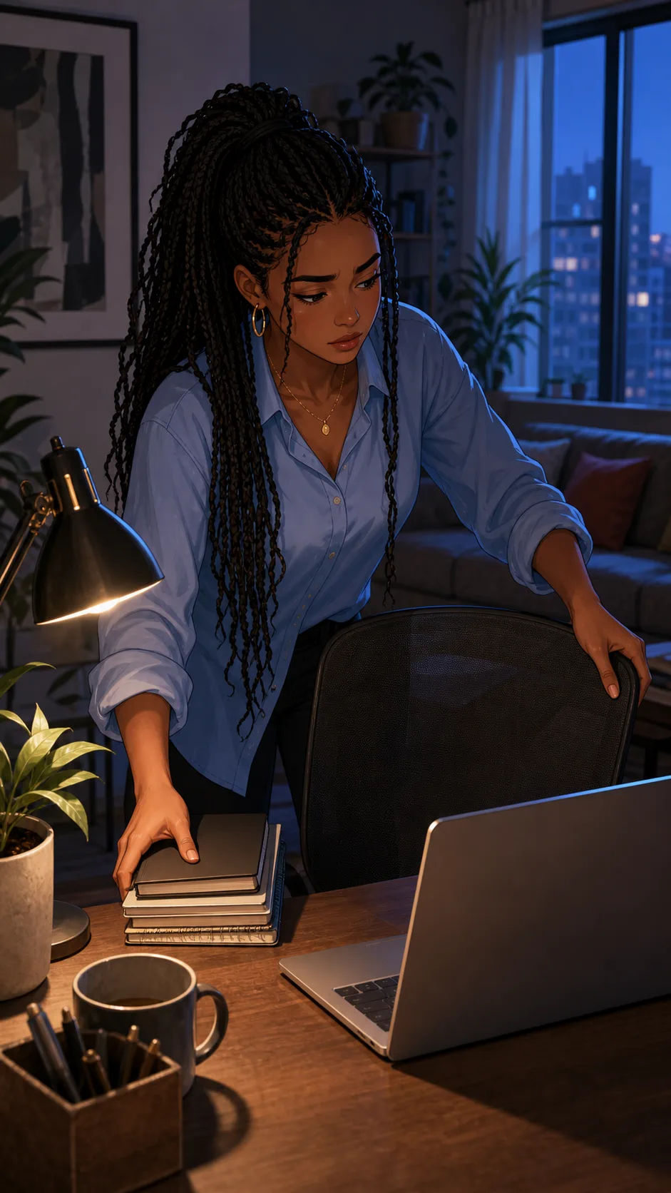 Rina moves Noelle's desk items to set up her laptop.