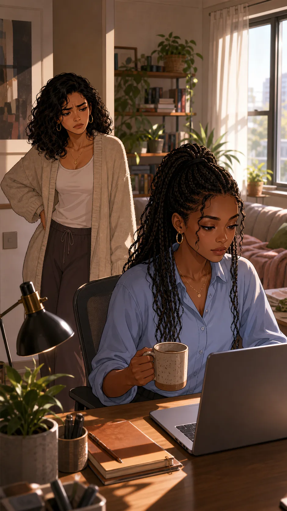 Rina uses Noelle's desk again the next morning.