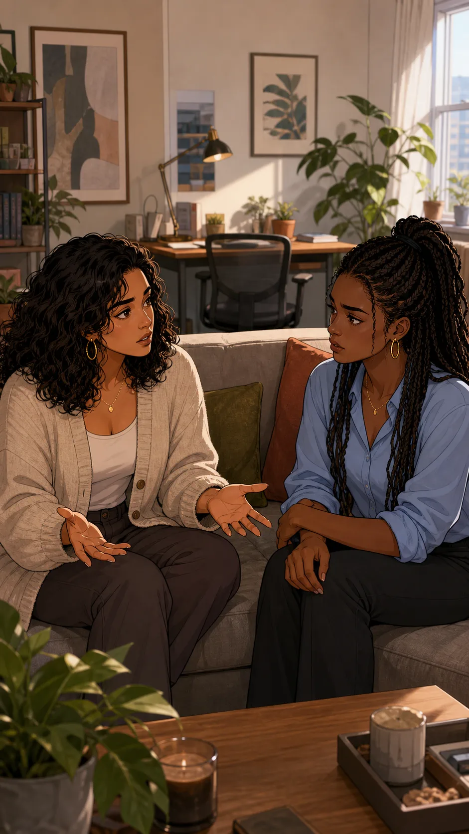 Noelle and Rina talk on the couch about the desk boundary.