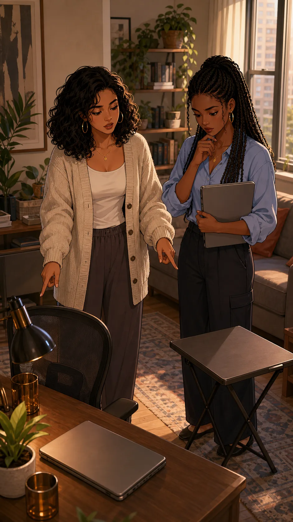 Noelle and Rina look at the apartment layout and discuss desk use.