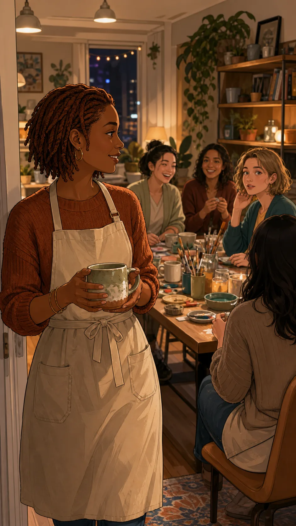 Rae arrives at a cozy craft night holding a handmade mug.