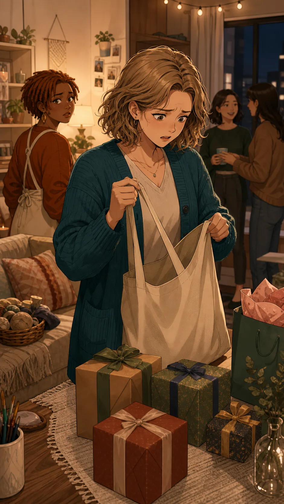 Kara looks worried beside a gift swap table with wrapped boxes.