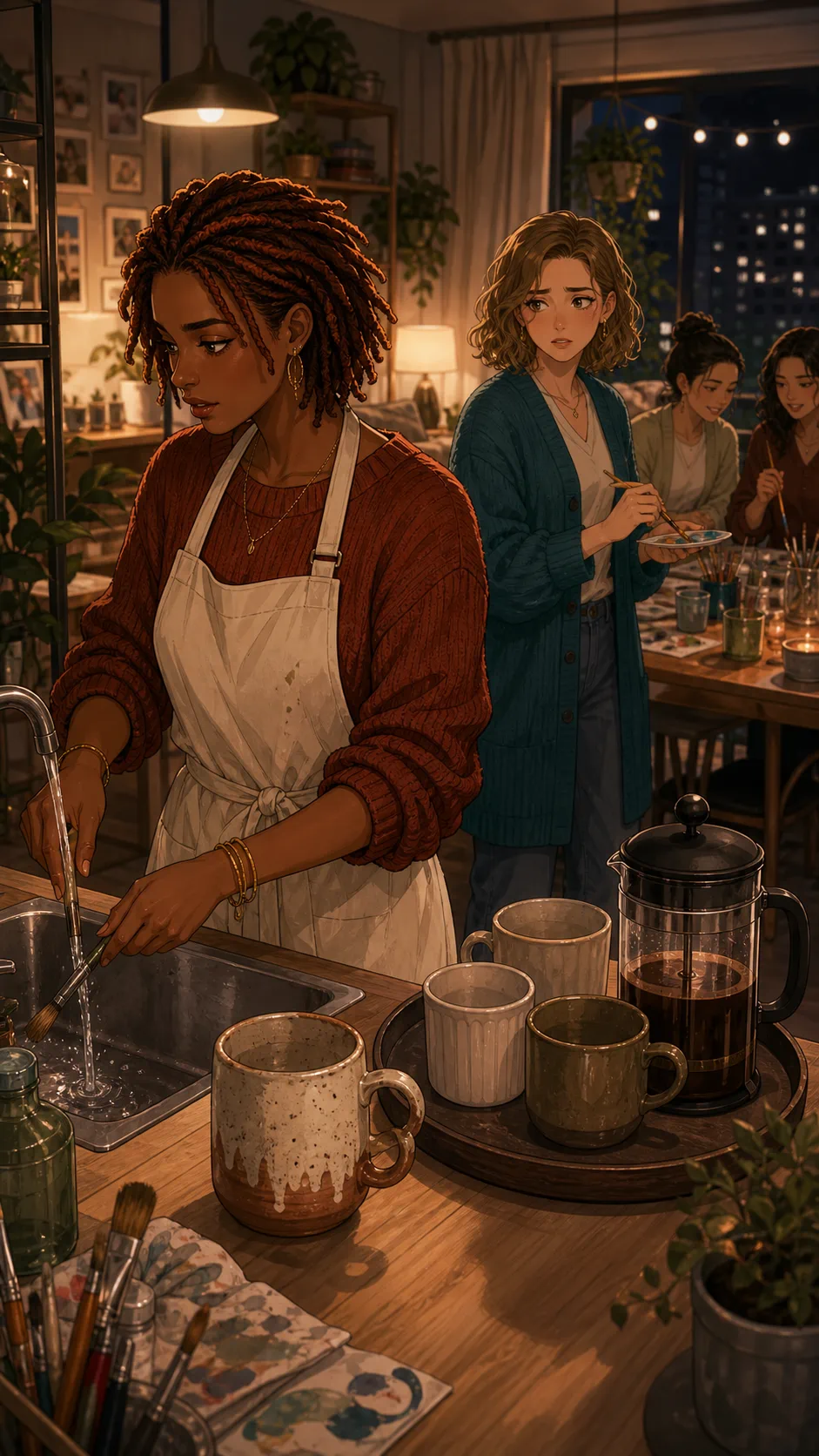 Rae leaves her handmade mug beside a coffee tray while rinsing a brush.