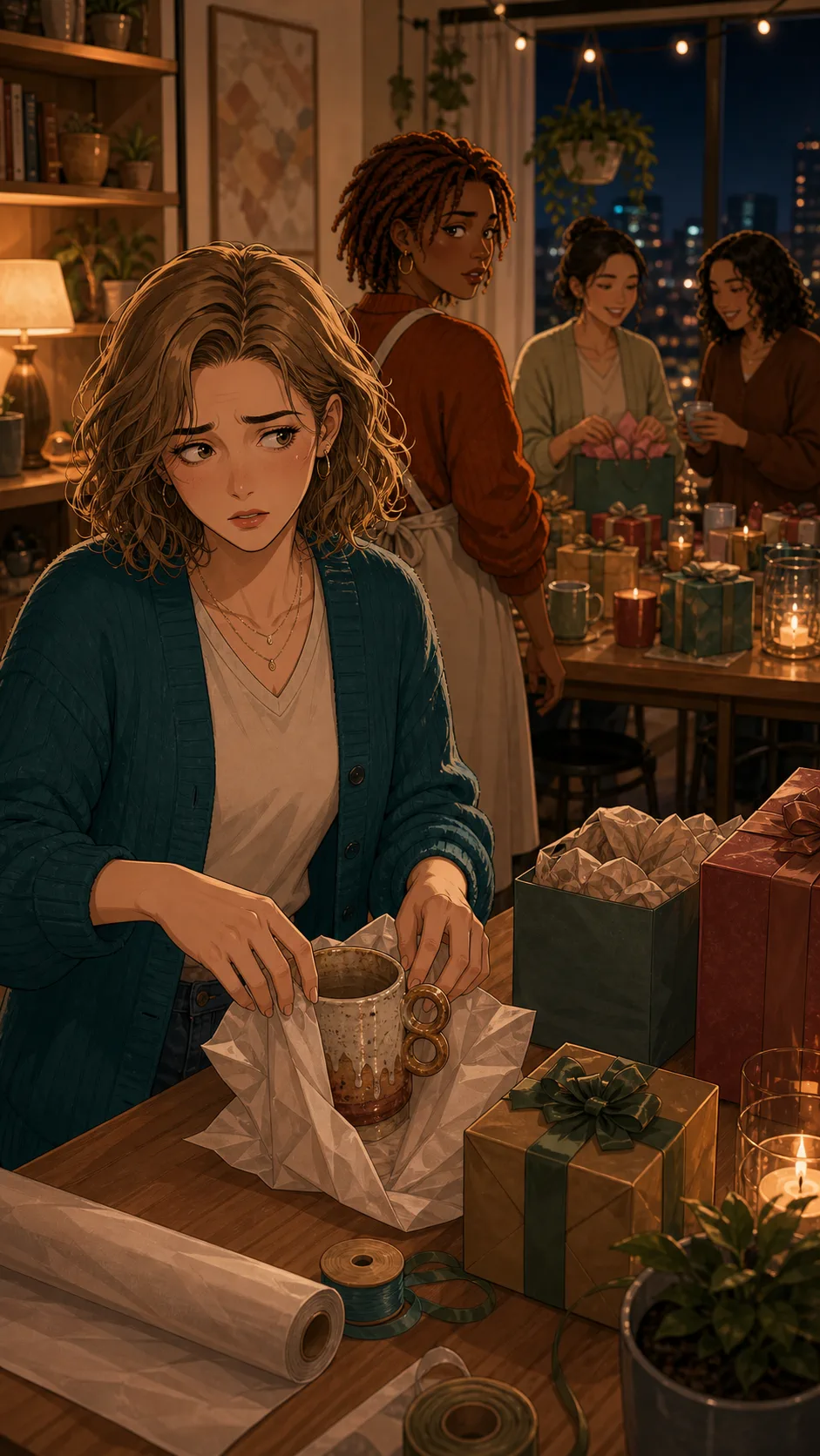 Kara quietly wraps Rae's handmade mug in tissue paper.