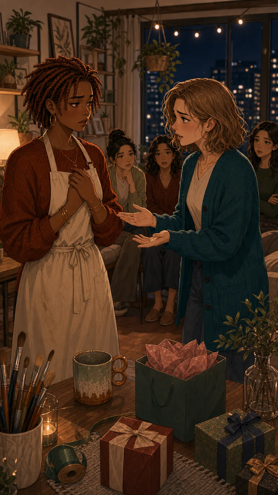 Kara explains herself while Rae looks hurt beside the craft table.