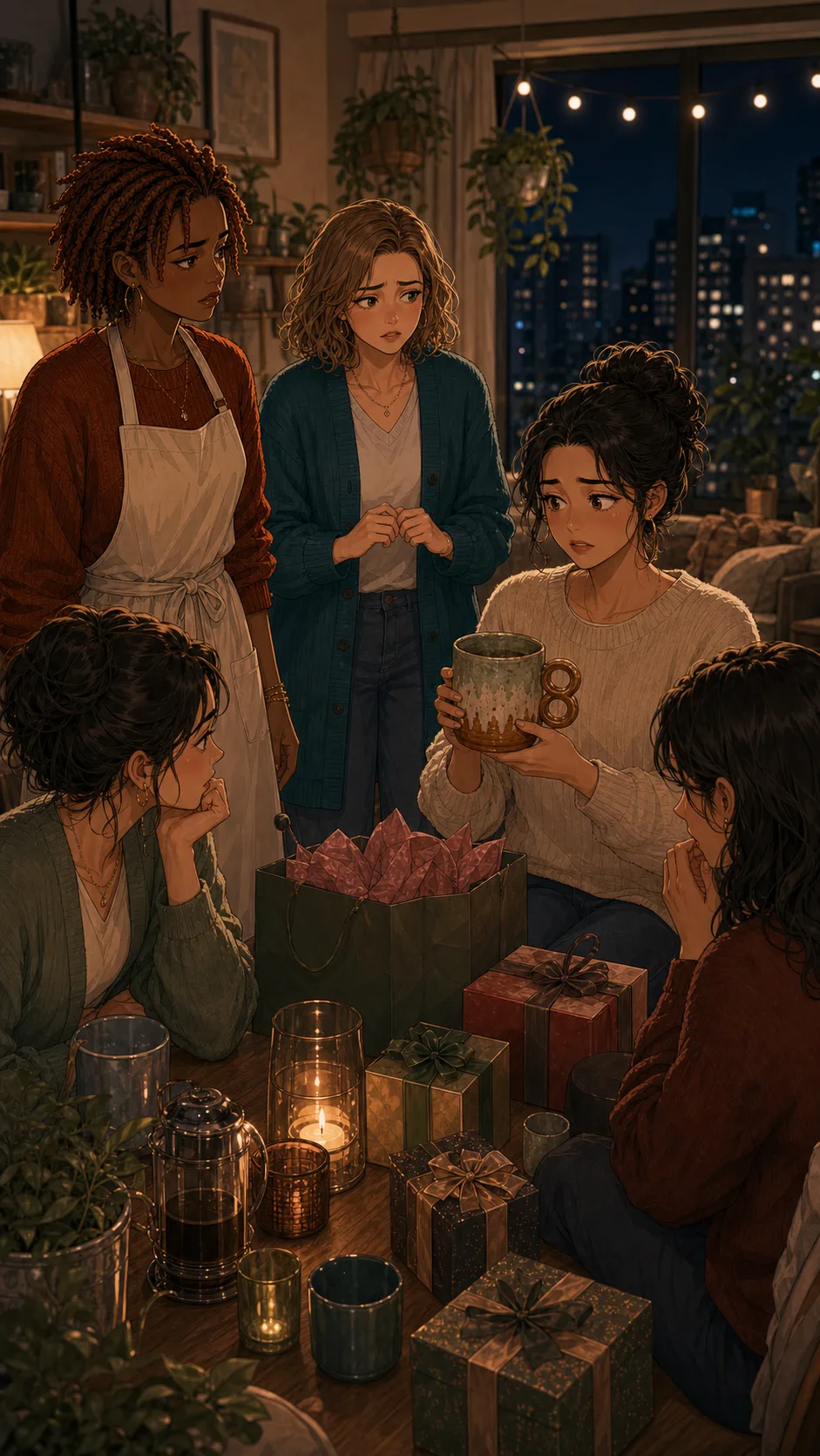 The group sits awkwardly while Rae looks at her mug in someone else's hands.