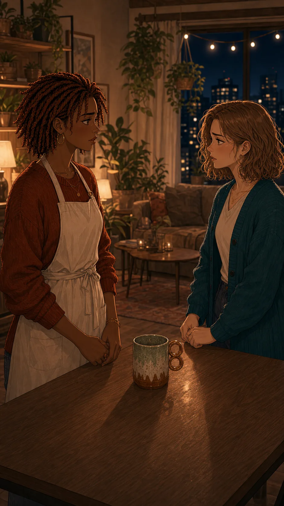 Rae and Kara face each other with the handmade mug between them.