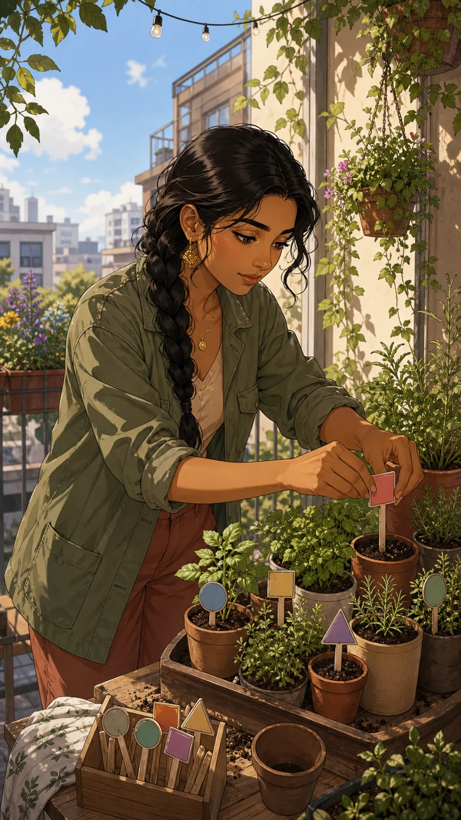 Priya labels small herb seedlings on her balcony.