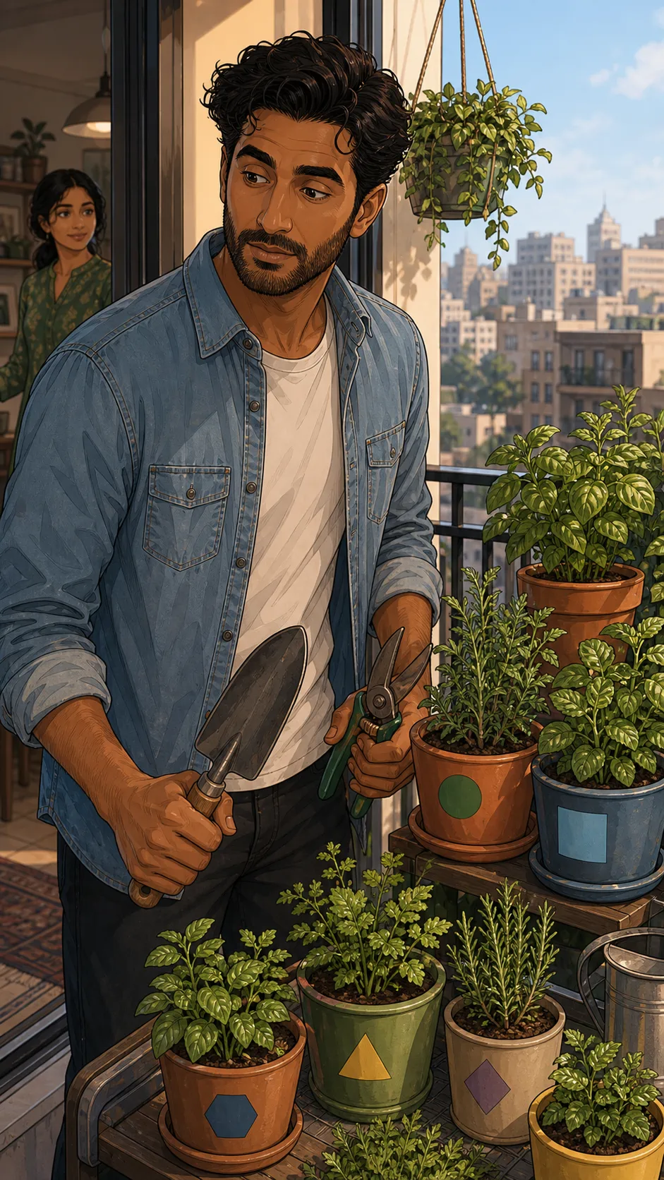 Omar notices Priya's labeled herb pots while picking up garden tools.