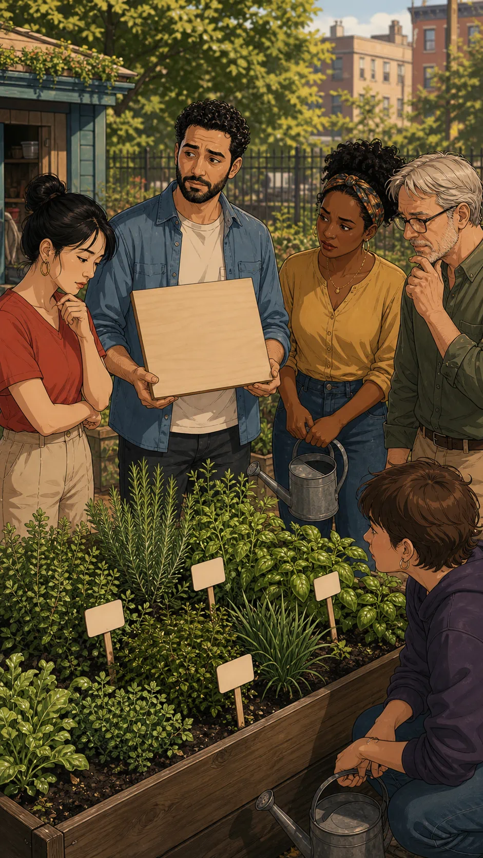 Neighbors look confused around unlabeled community garden herb beds.