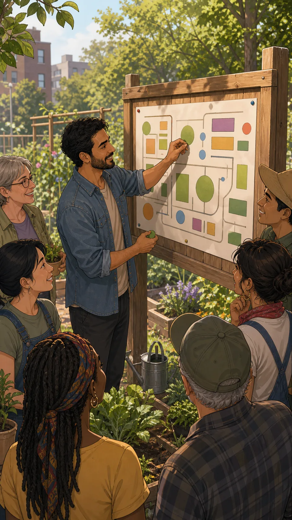 Omar places abstract label shapes onto a community garden board.