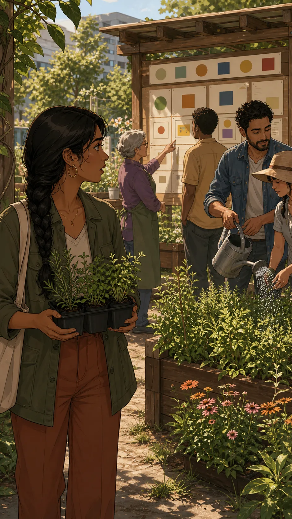Priya sees neighbors using a garden board based on her herb labels.