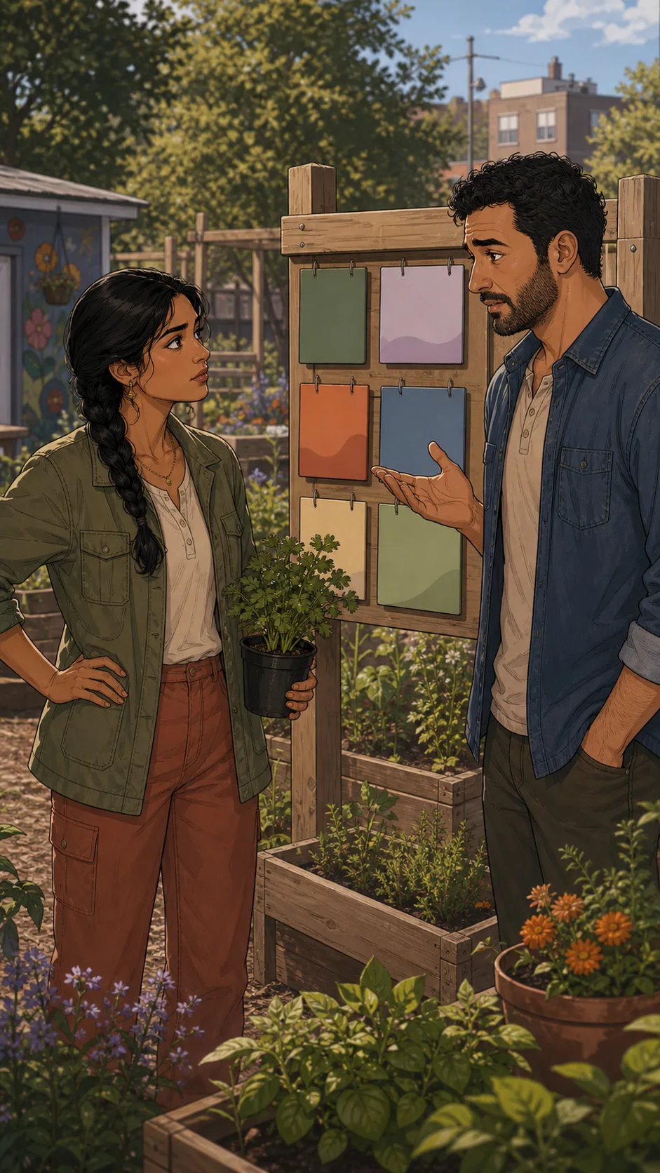 Priya and Omar discuss the copied herb-label map beside the garden board.