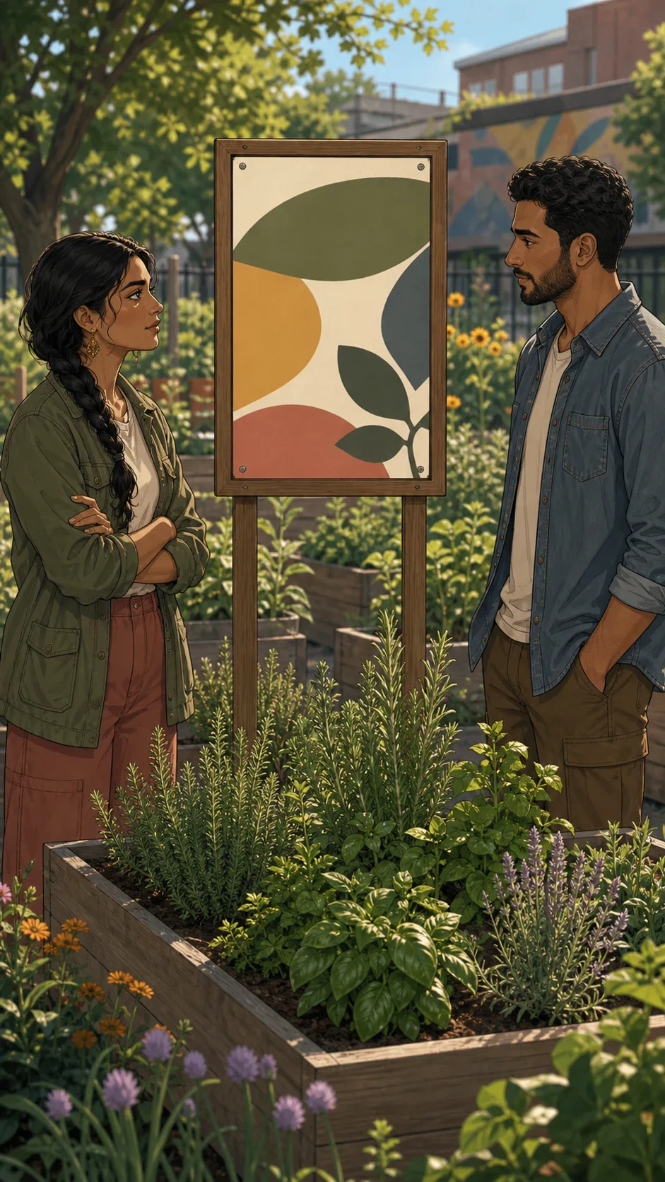 Priya and Omar stand thoughtfully beside the herb bed and garden map.