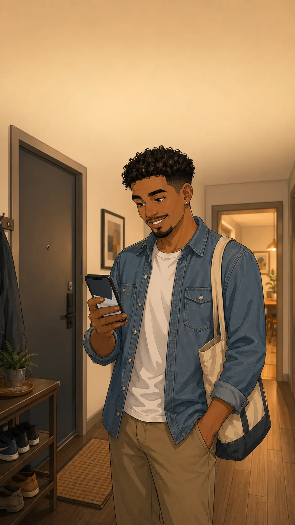 Jonah smiles at an unreadable dinner invite on his phone in a generic apartment hallway.