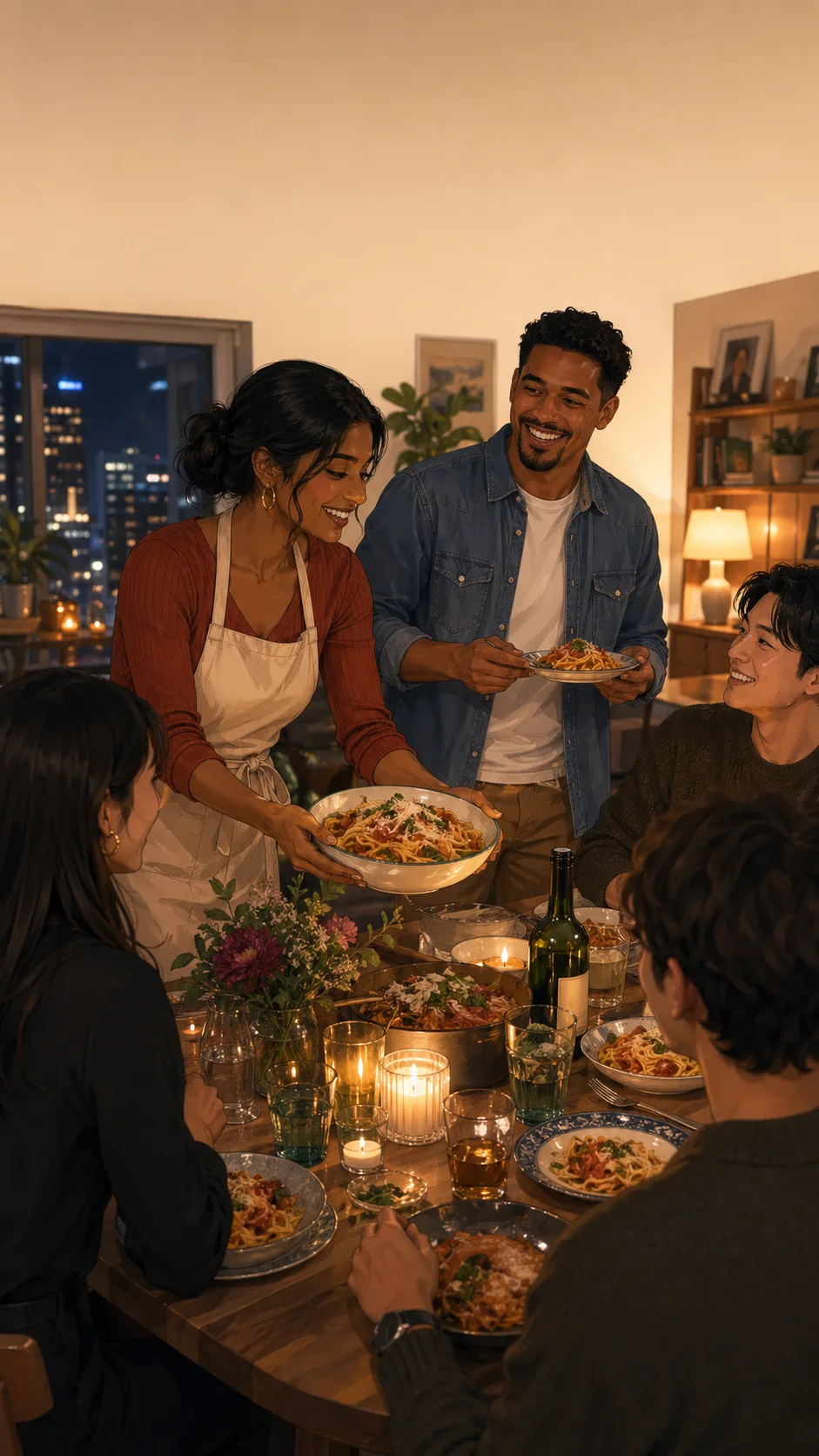 Priya serves pasta at a cozy generic apartment dinner while Jonah sits with friends.