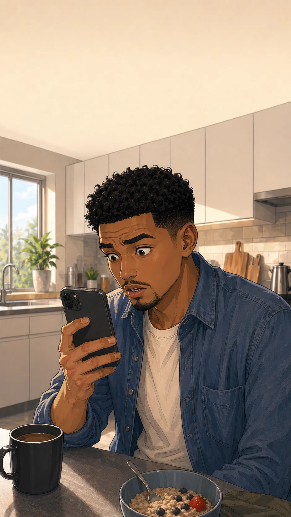Jonah looks surprised at an unreadable payment request on his phone the next morning.