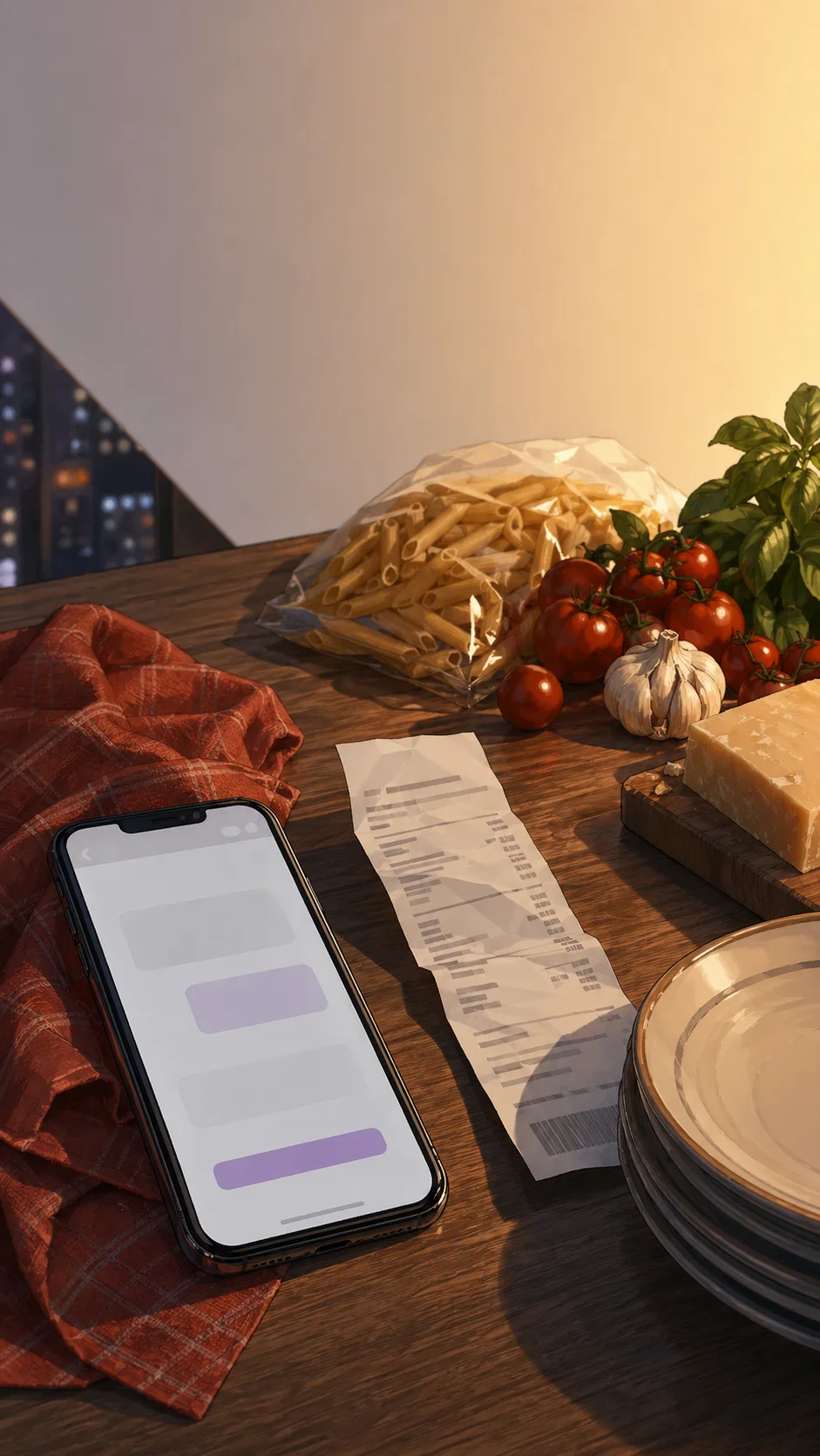 A tabletop evidence montage shows an unreadable payment request, receipt, pasta ingredients, dish towel, and plates.