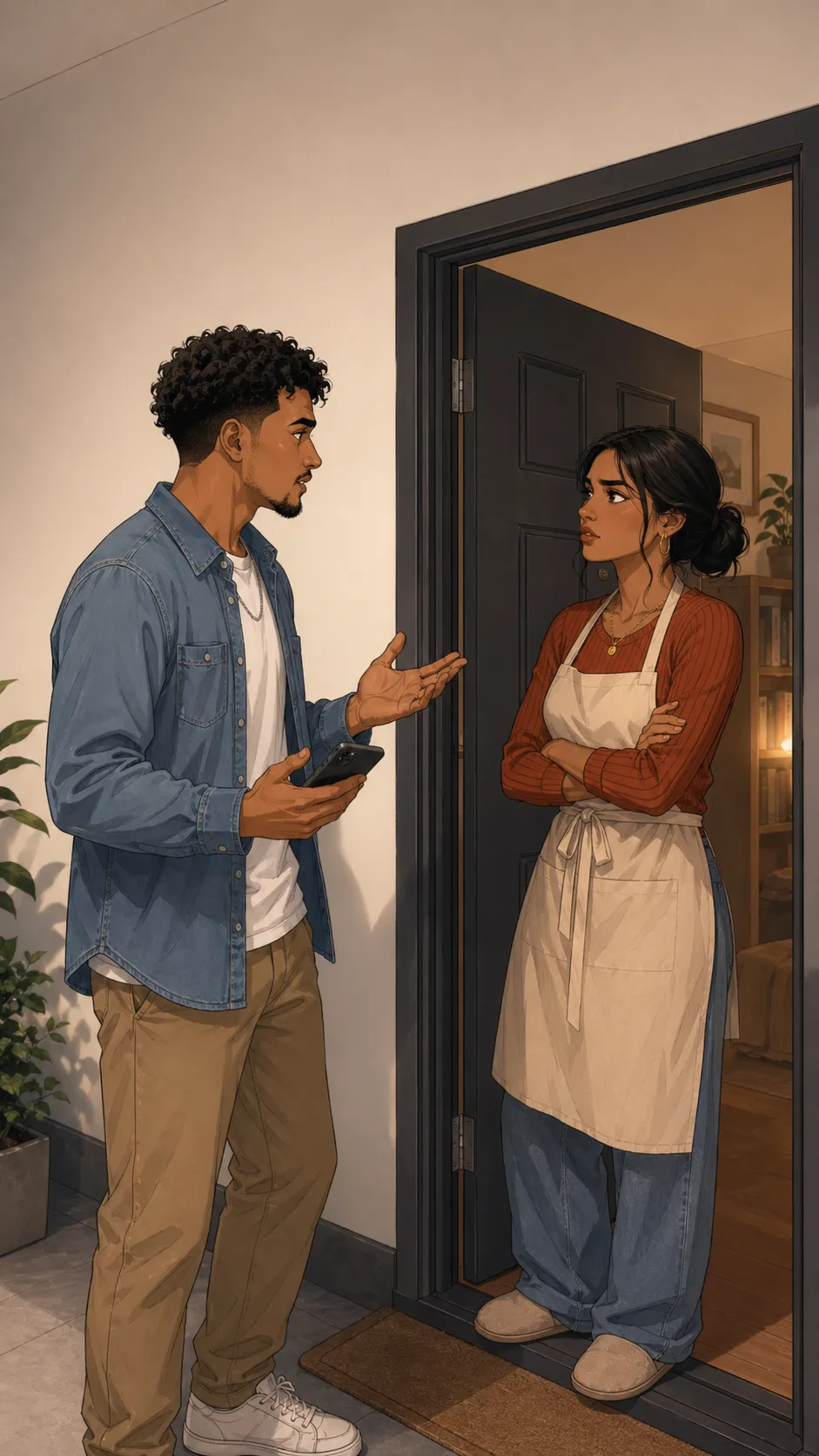 Jonah and Priya have an awkward conversation at a generic apartment doorway.