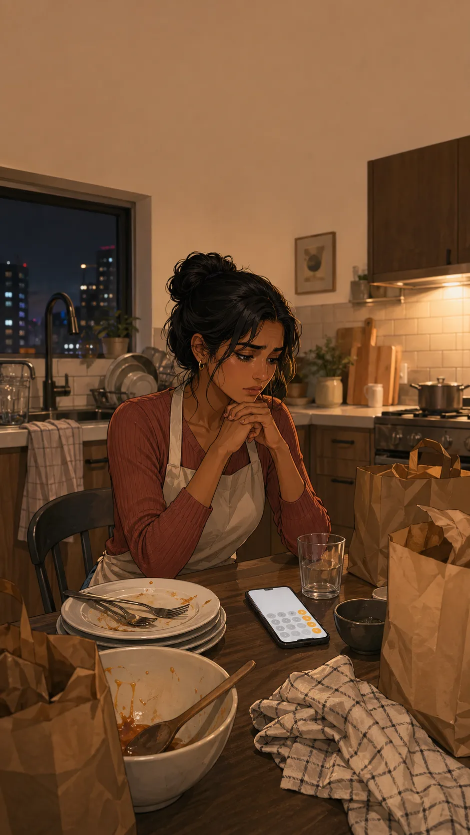 Priya sits tired in a generic kitchen after dinner cleanup with dishes and unlabeled grocery bags nearby.
