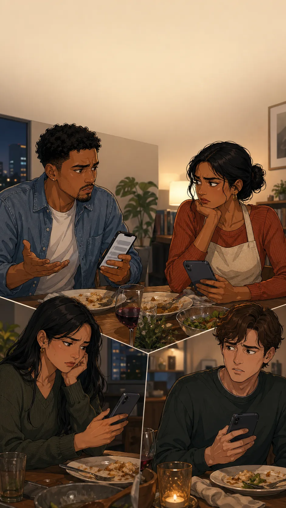 Jonah, Priya, and friends sit around a table with phones showing unreadable message blocks as the group reacts.
