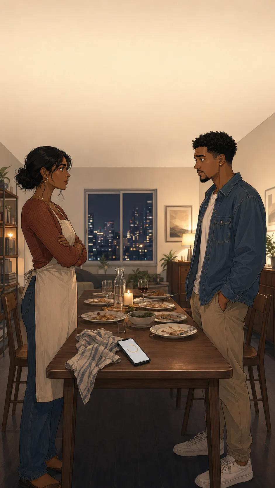 Priya and Jonah stand on opposite sides of a generic apartment dinner table with a phone between them.