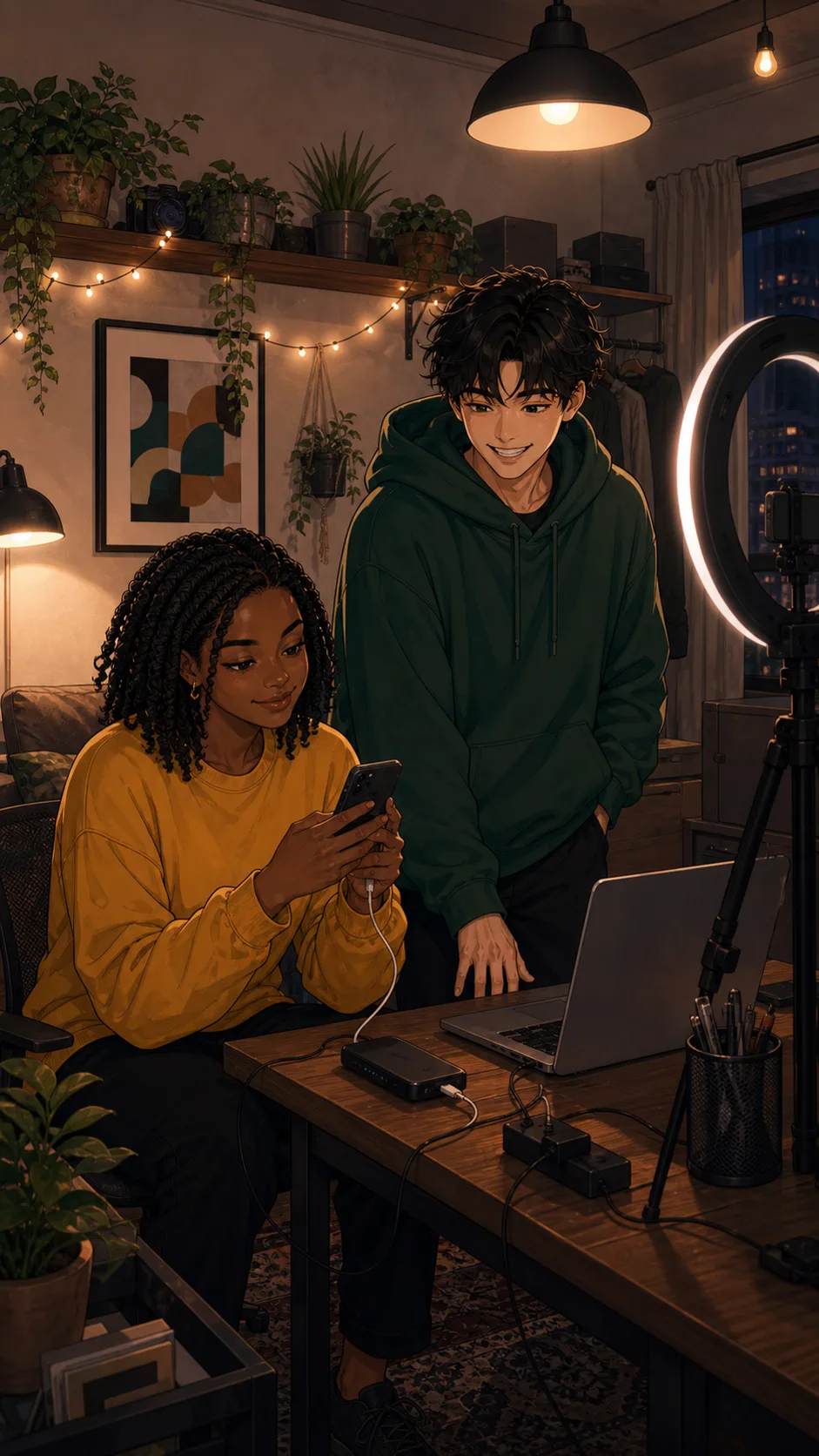 Maya shares her phone hotspot with Owen in a generic apartment studio setup.