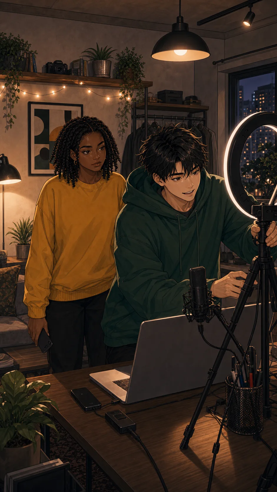 Owen adjusts a ring light and laptop while Maya waits with her phone nearby.