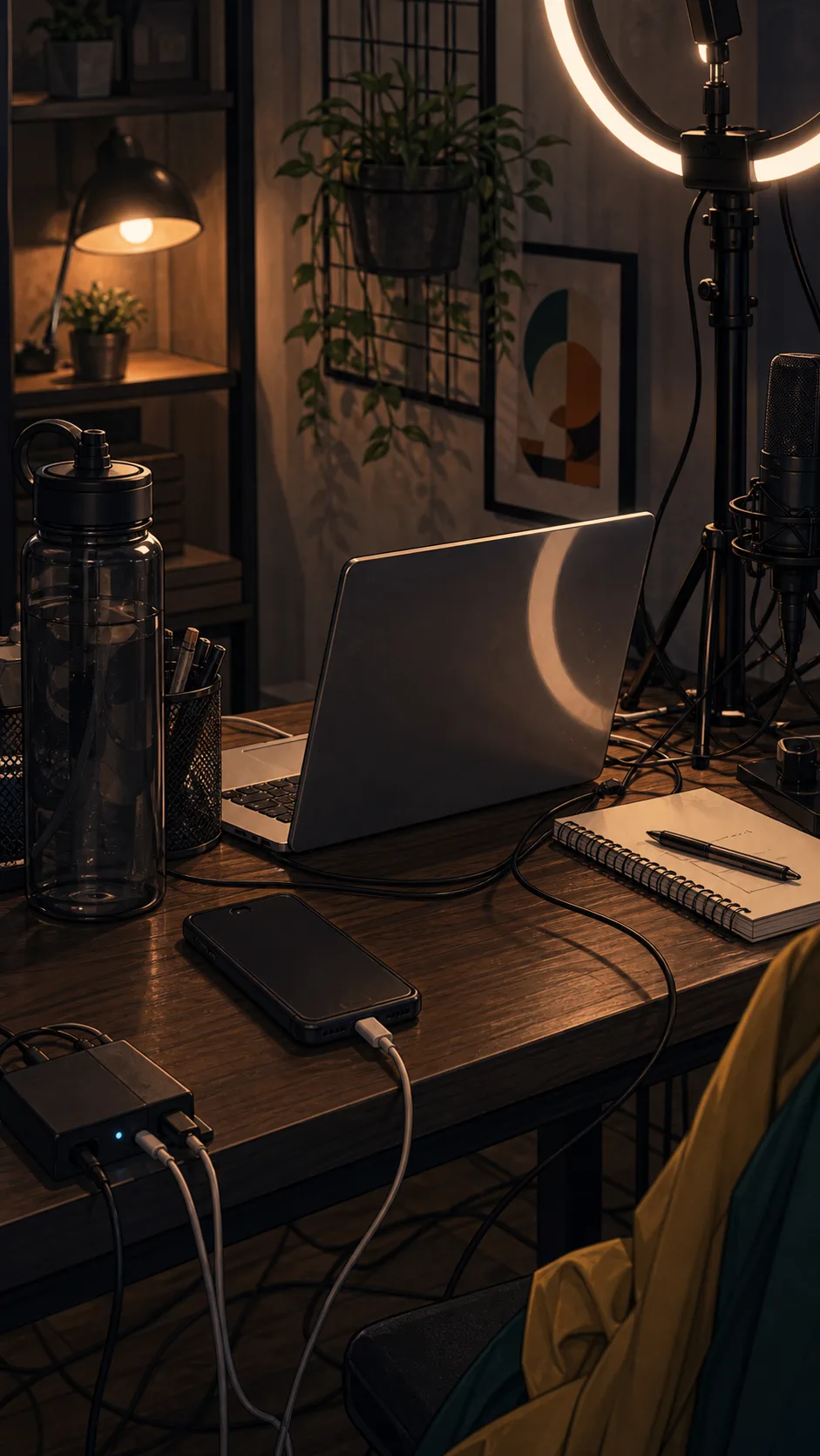 A generic studio desk shows a phone, charger, laptop, ring light glow, cable, and notebook with no readable text.