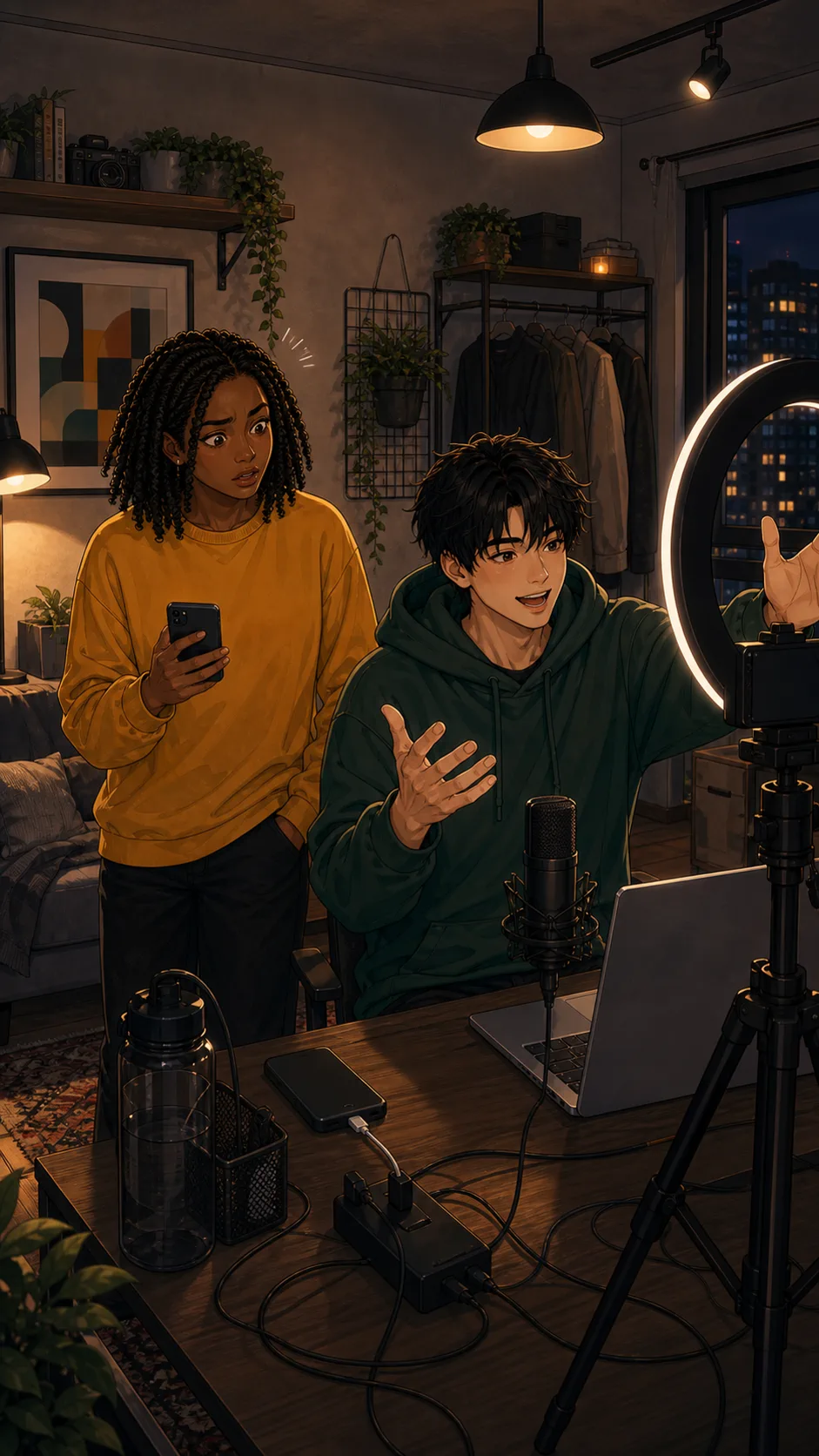 Owen speaks toward a generic camera setup while Maya notices her hotspot is still being used.