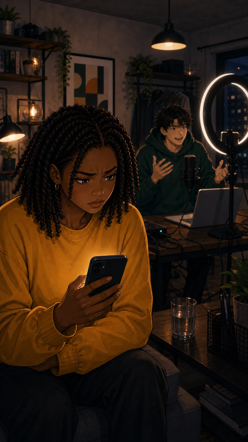 Maya looks frustrated while holding her phone near a generic livestream setup with no readable screen.