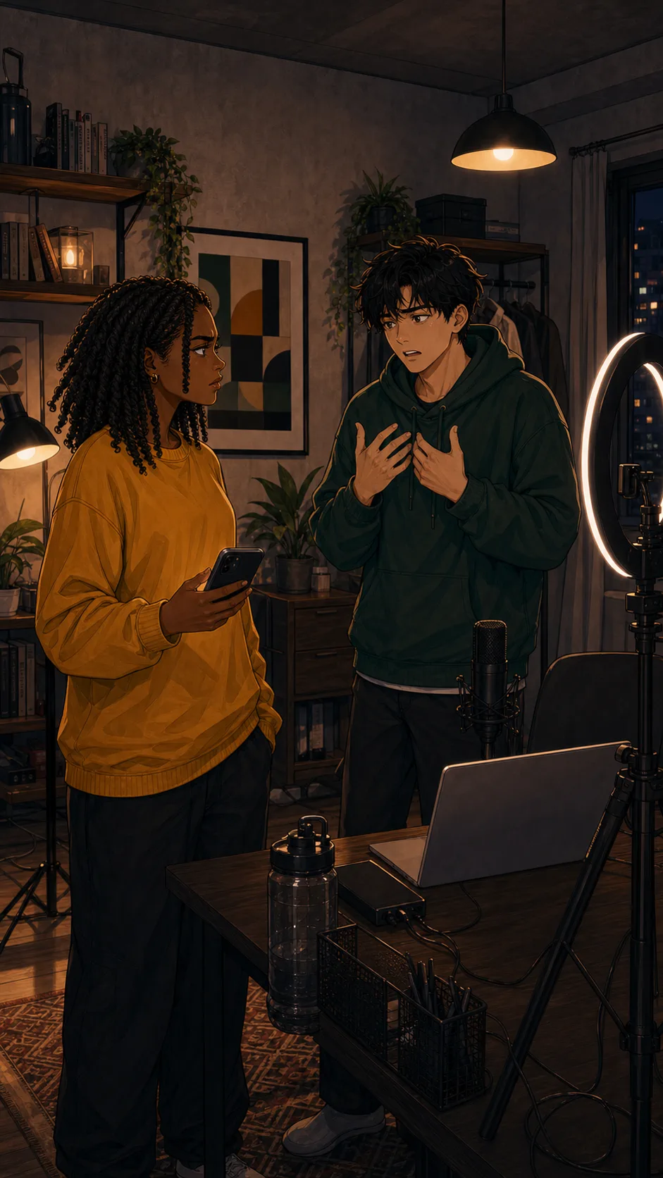 Maya and Owen argue calmly in a generic apartment studio with a ring light still on.