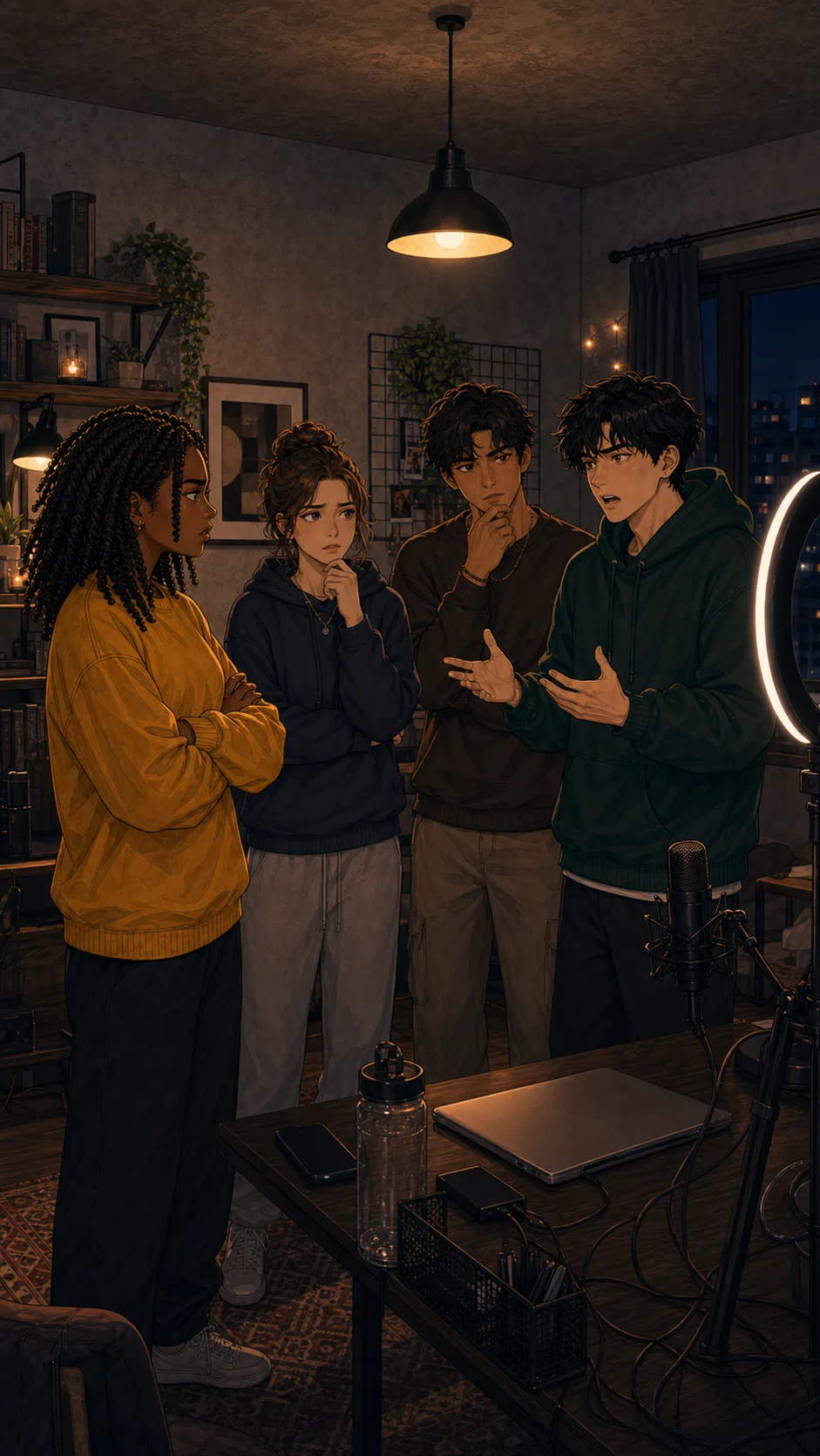 Maya, Owen, and friends stand in a generic studio with divided body language after a hotspot argument.