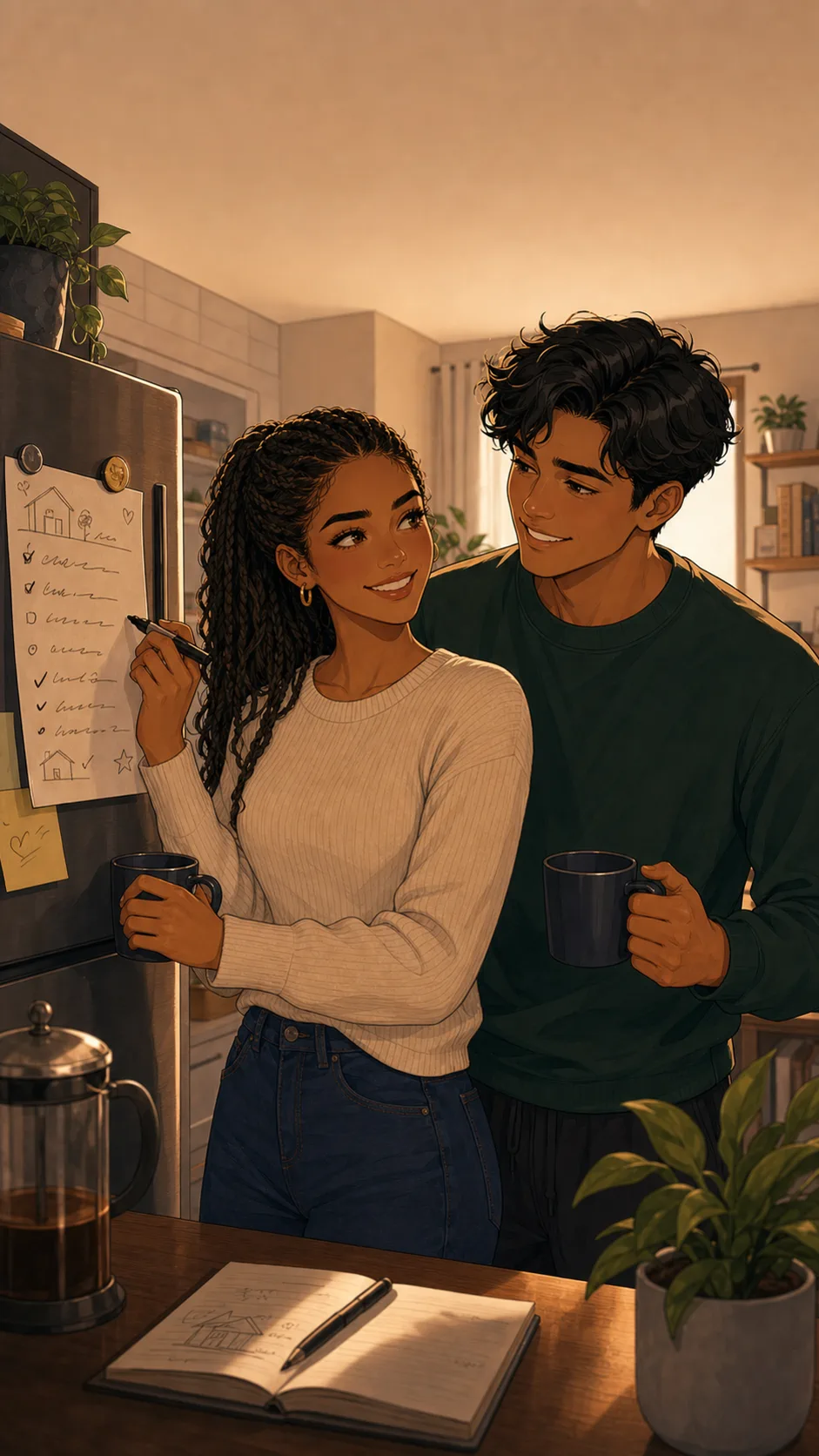 A fictional couple smiles over a shared savings tracker in a small apartment kitchen.