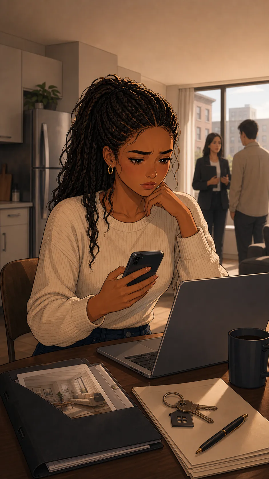 A fictional woman looks worried while checking a savings account before an apartment viewing.