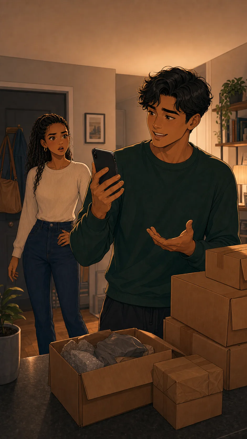 A fictional man shows a phone confirmation while his partner reacts in surprise beside stacked boxes.