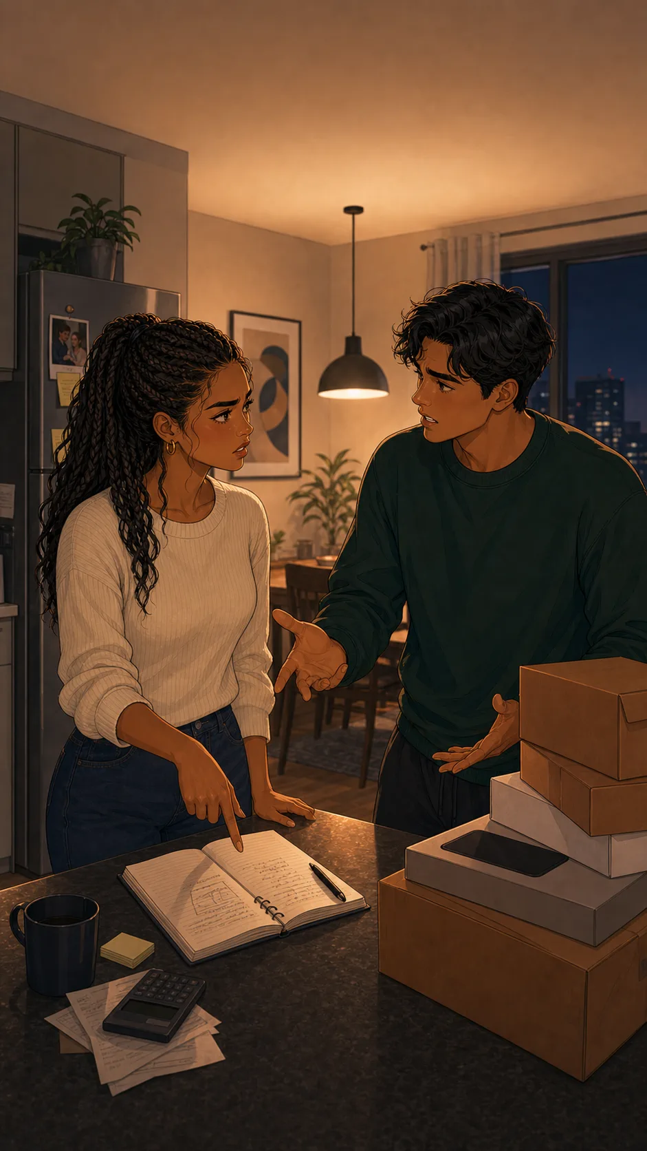 A fictional couple argues over a budget notebook and unopened generic boxes in their kitchen.